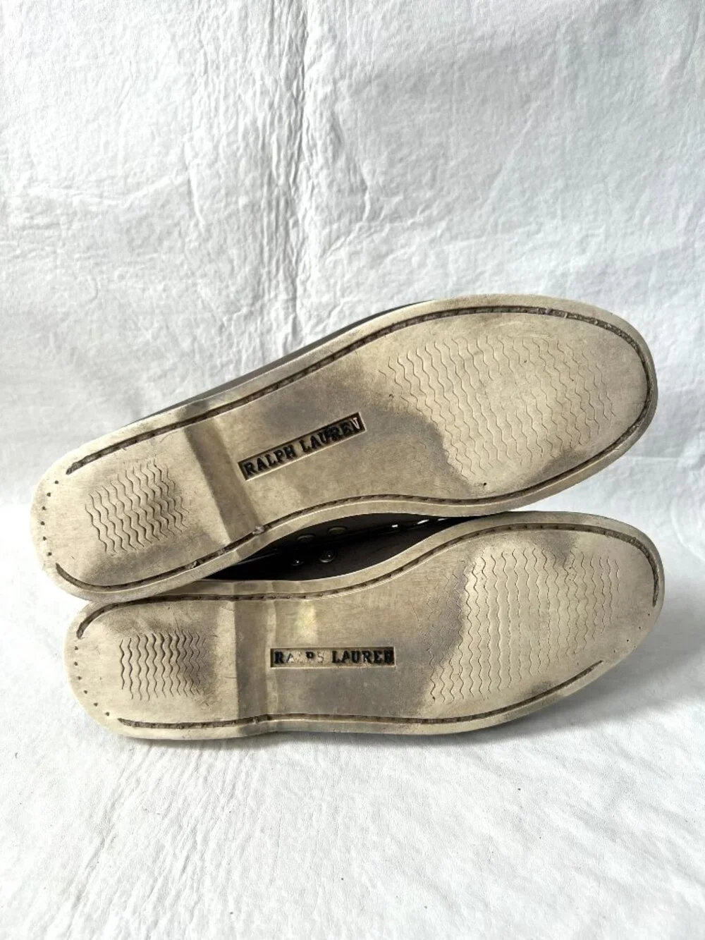 Ralph Lauren boat shoes taupe gray brown leather mens 11 D moc toe deck loafer